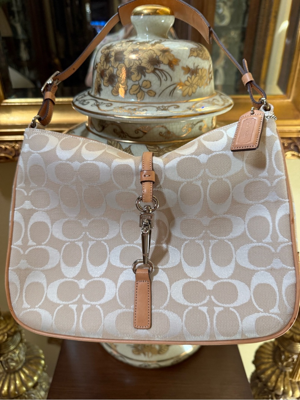 Coach Signature Ivory and Beige Jacquard Canvas Shoulder Bag NEW